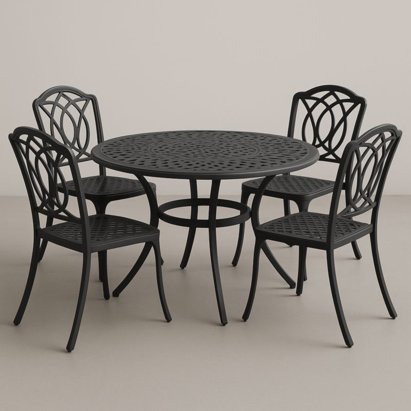 Set tavolo rotondo e 4 sedie in alluminio verniciato nero