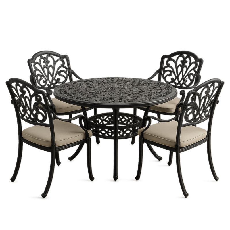 Set tavolo rotondo e 4 sedie in alluminio nero con cuscini crema