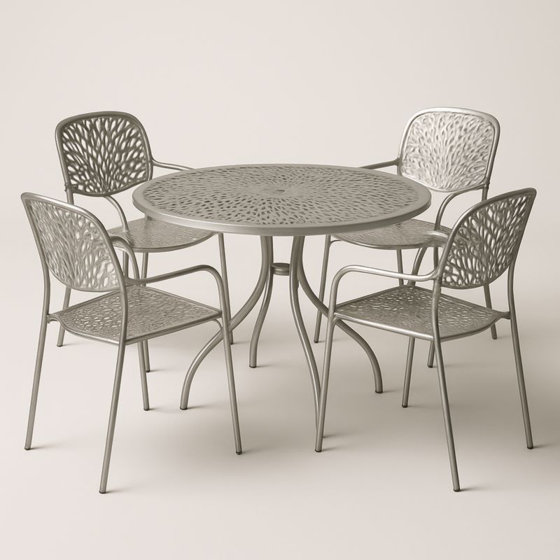 Set Tavolo Rotondo e 4 Sedie in Metallo Argento per Esterno