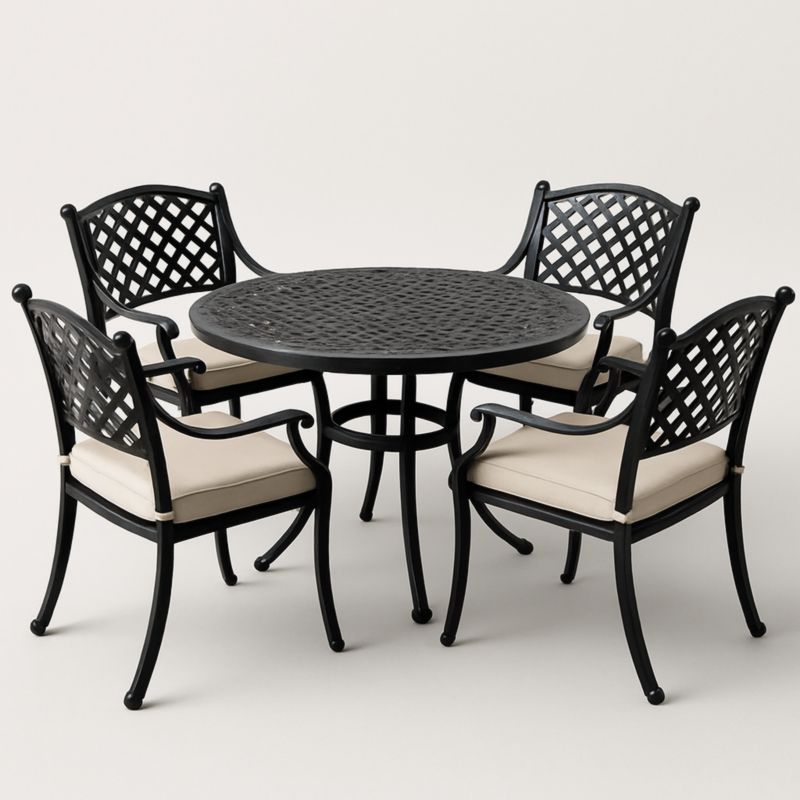 Set Tavolo Rotondo e Sedie da Esterno in Alluminio Nero con Seduta in Tessuto