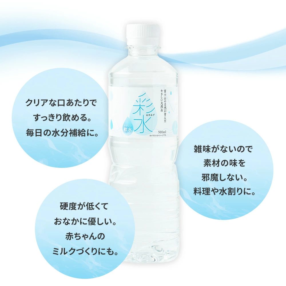 【最安値に挑戦中！】水 ミネラルウォーター 彩水-あやみず- やさしい軟水 500ml 48本 送料無料※一部地域除く ペットボトル ラベルレス ライフドリンクカンパニー LIFEDRINK 国産 天然水 軟水 備蓄水 非常用 (※採水地指定不可）