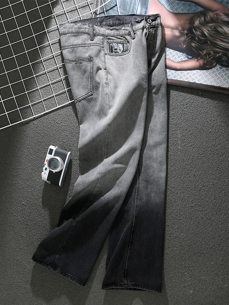American Gradient Gray Jeans Men's Spring and Summer New Trendy Loose Large Size Distressed Washed Wide-Leg Trousers