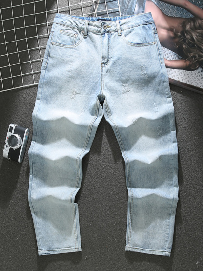 American washed distressed blue jeans for men 2023 new trendy cat scratched loose straight pants