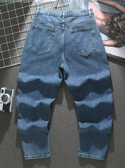 American blue jeans men's new spring trend high street loose large size straight pants distressed needle-stitched trousers