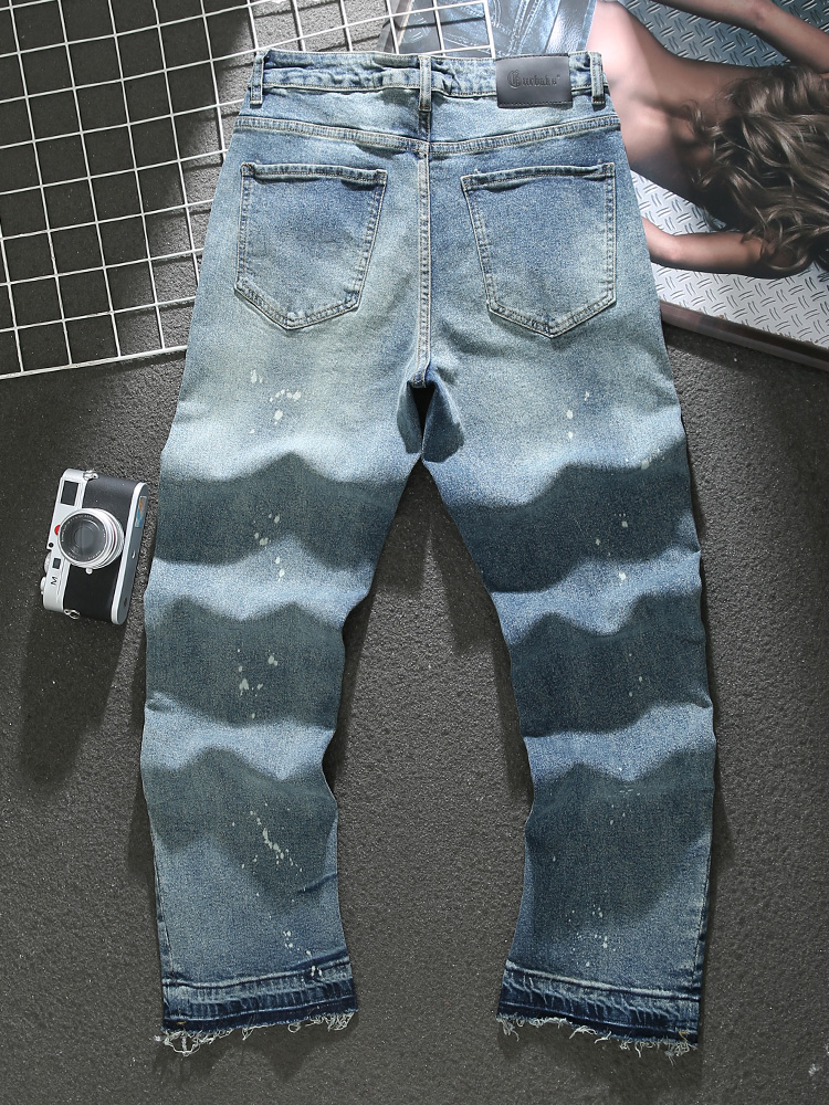American distressed paint jeans for men 2023 spring and summer new high street trendy loose wide-leg pants raw edge trousers