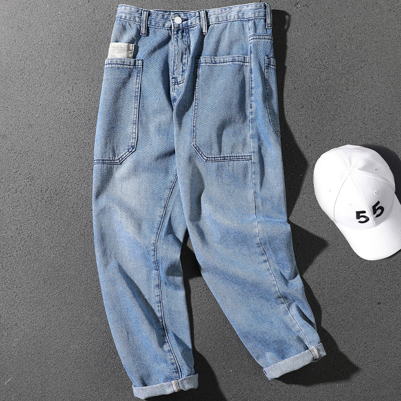 Korean style jeans for men spring new style large pocket loose straight pants blue personalized versatile casual trousers