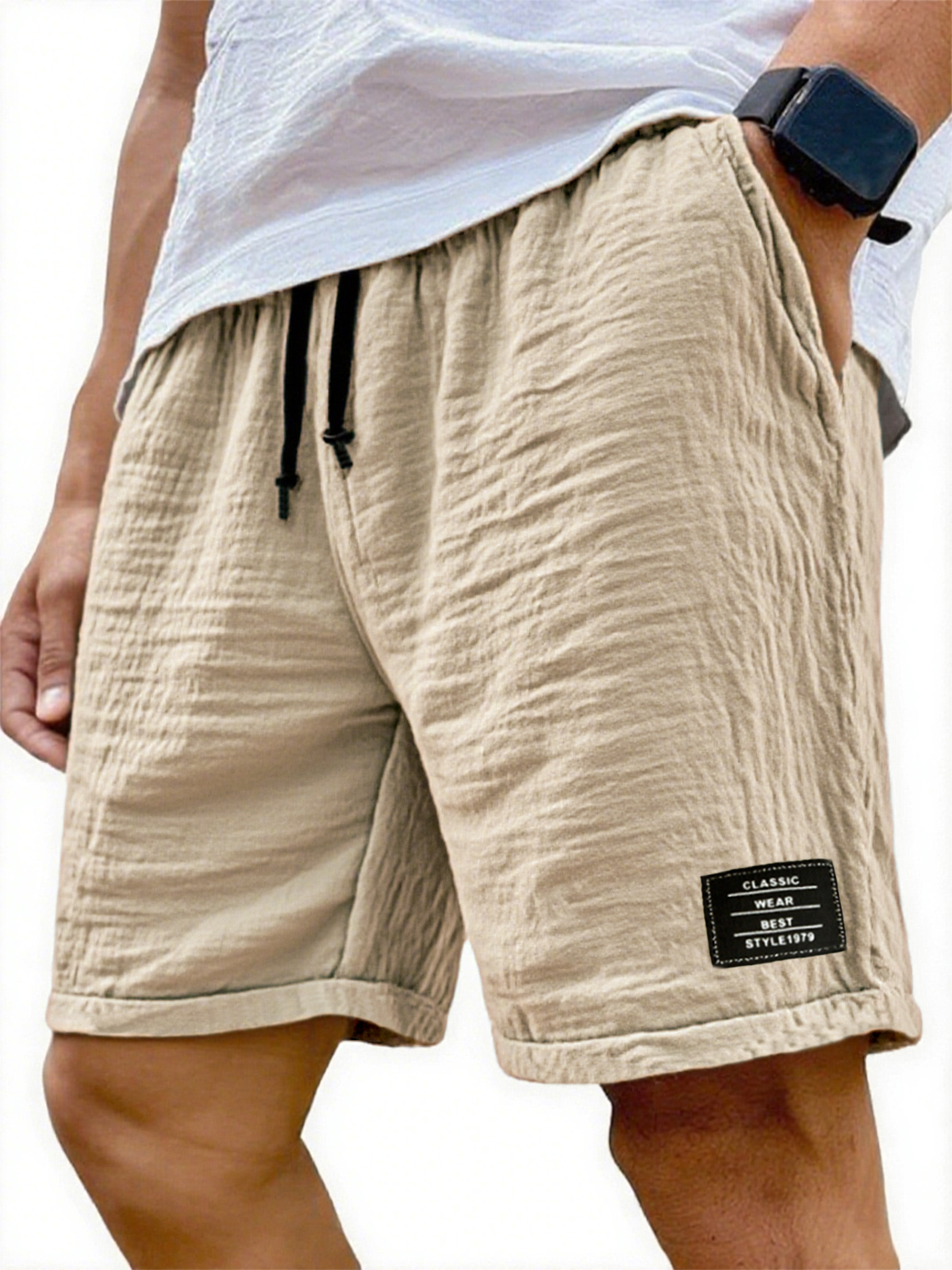 Men's Wrinkled Linen Breathable Resort Casual Embroidered Label Shorts