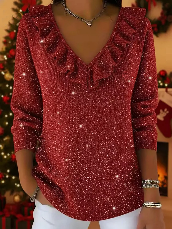 🎄Clearance Sale🔥Elegant V-neck ruffled shimmering sweater top