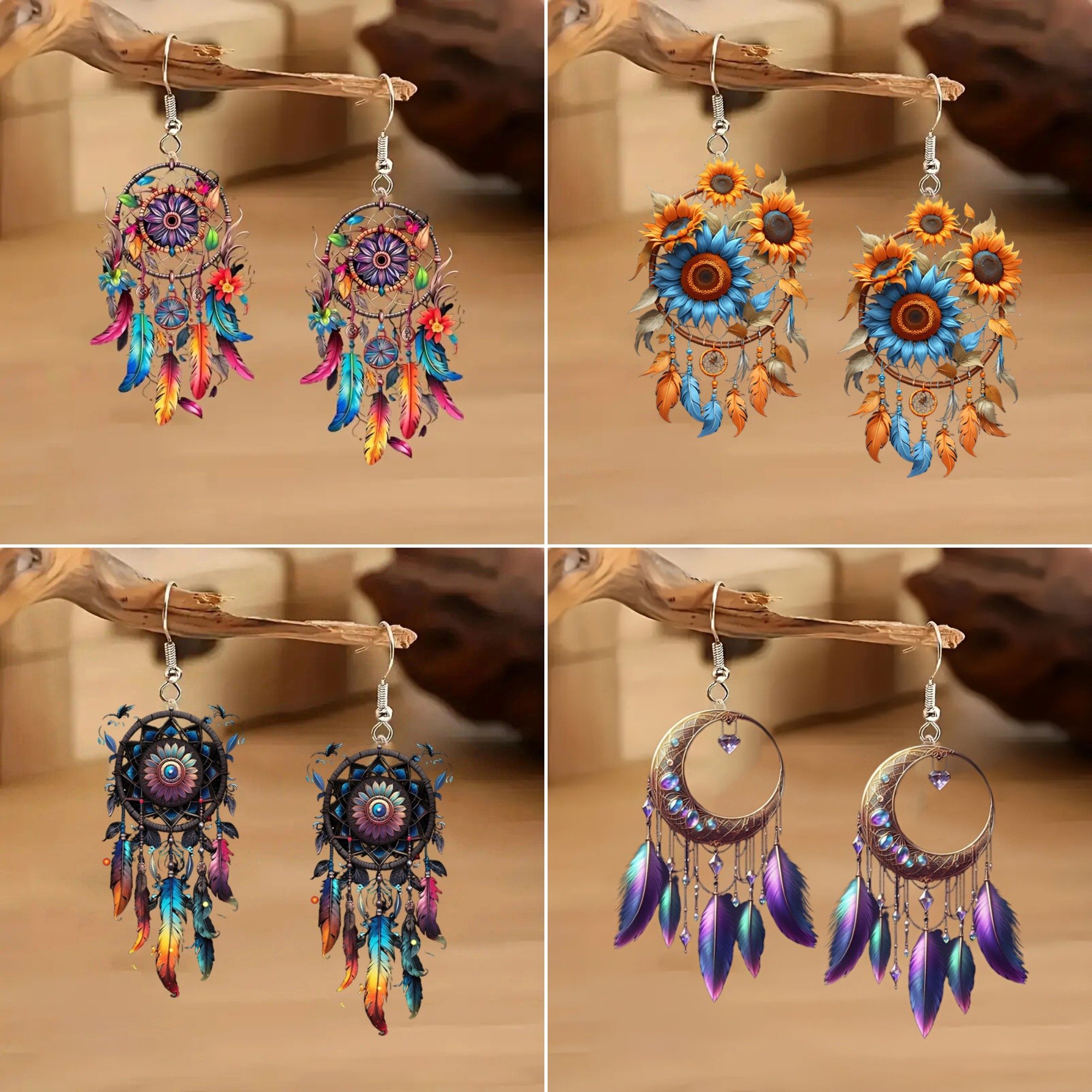 🌙 Boho Dreamcatcher Feather Earrings
