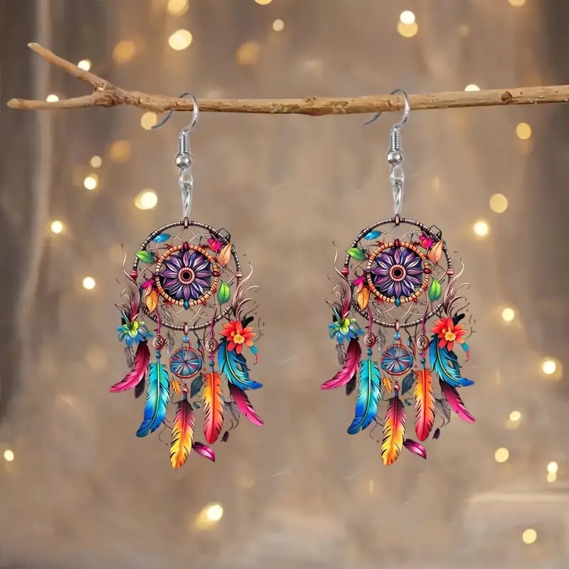 🌙 Boho Dreamcatcher Feather Earrings