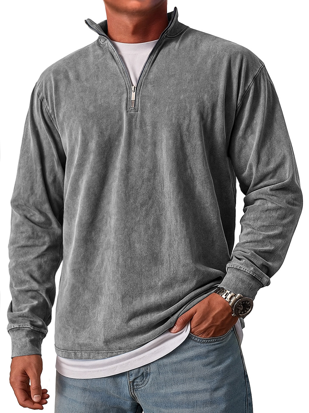 Men's Retro Stand Collar Zipper Casual Loose Solid Color Long Sleeve T-shirt