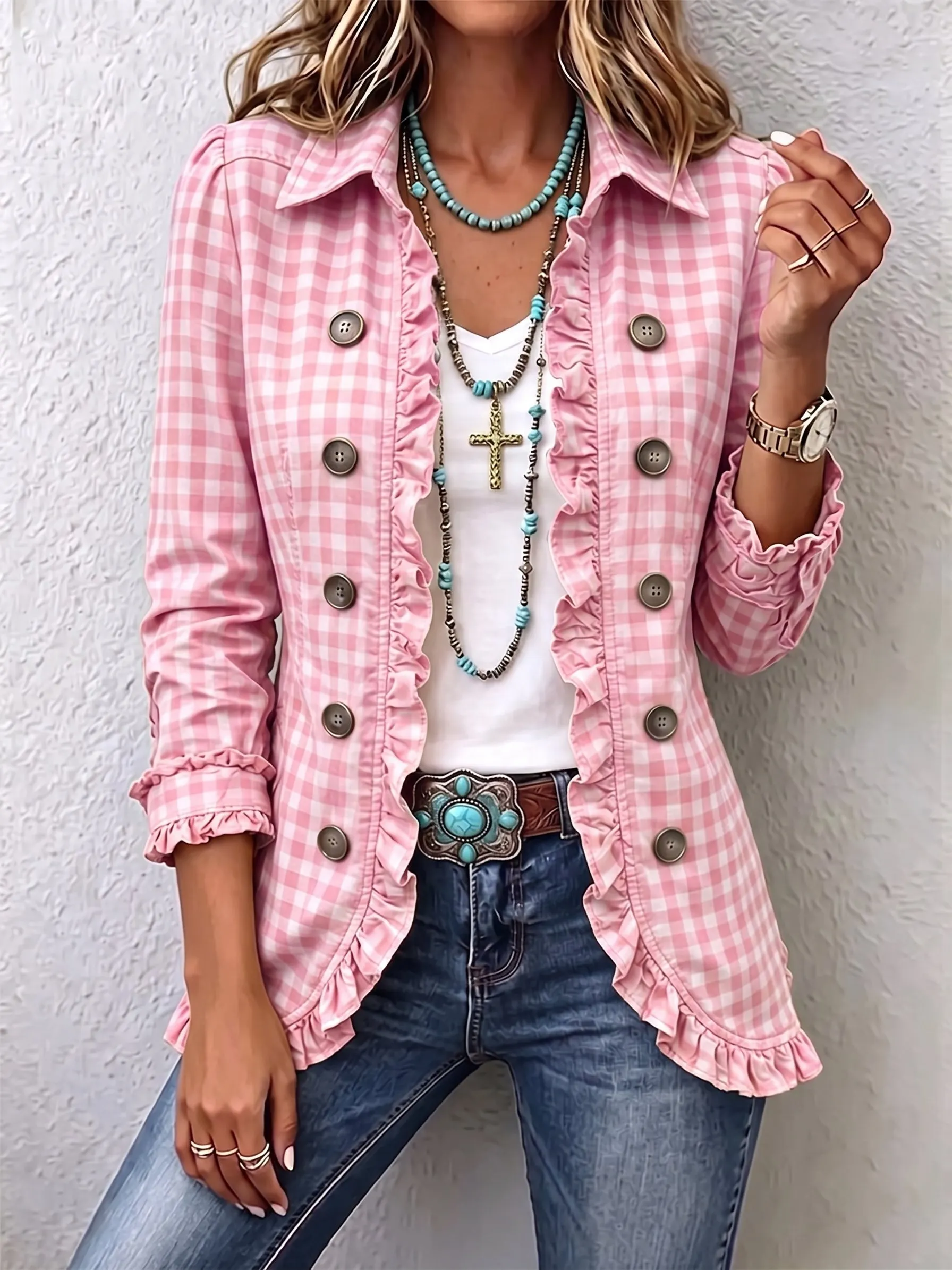 🤲 Last day—save 50% instantly ⏰ Stylish plaid button-front jacket with ruffle details