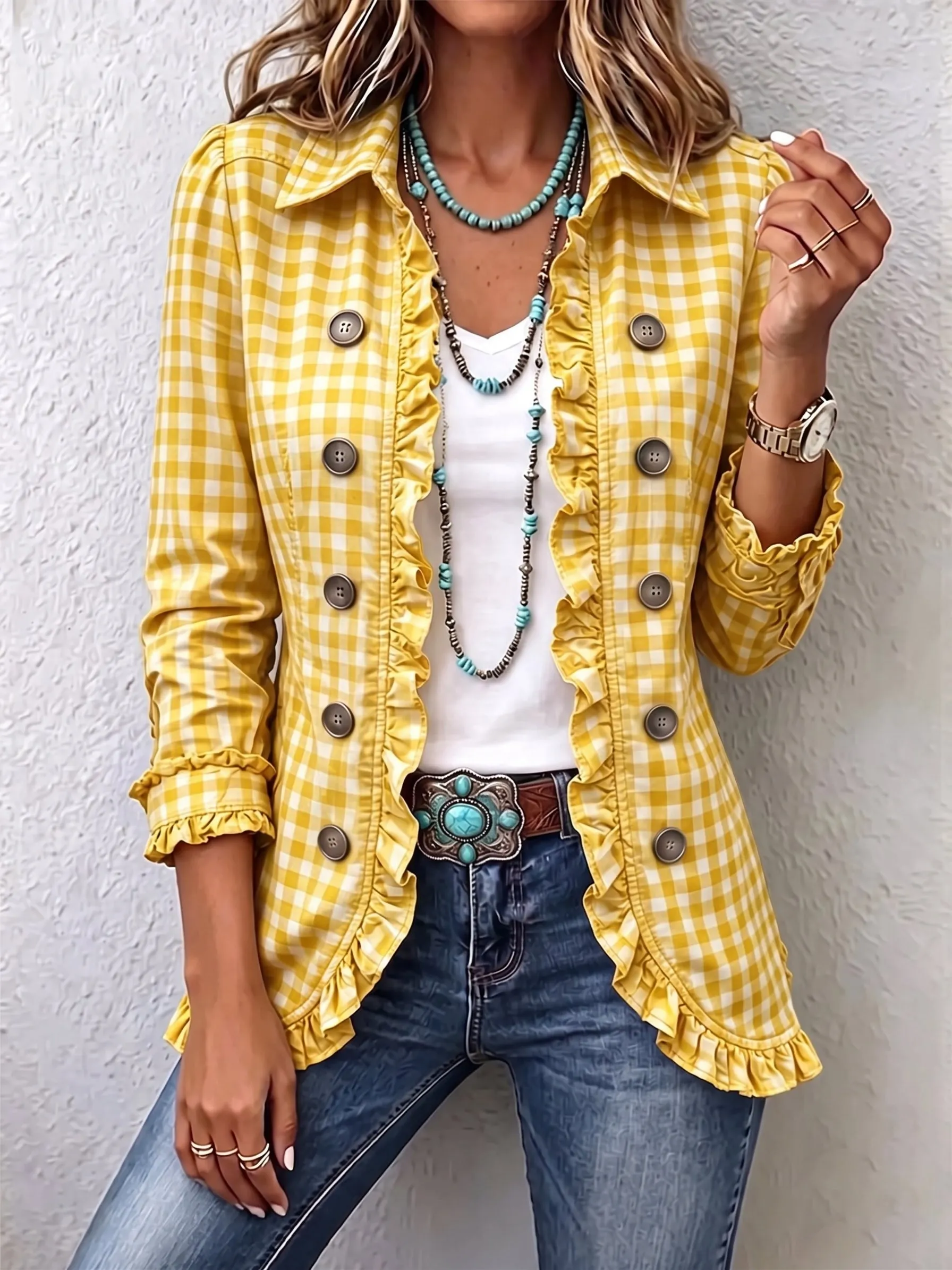🤲 Last day—save 50% instantly ⏰ Stylish plaid button-front jacket with ruffle details