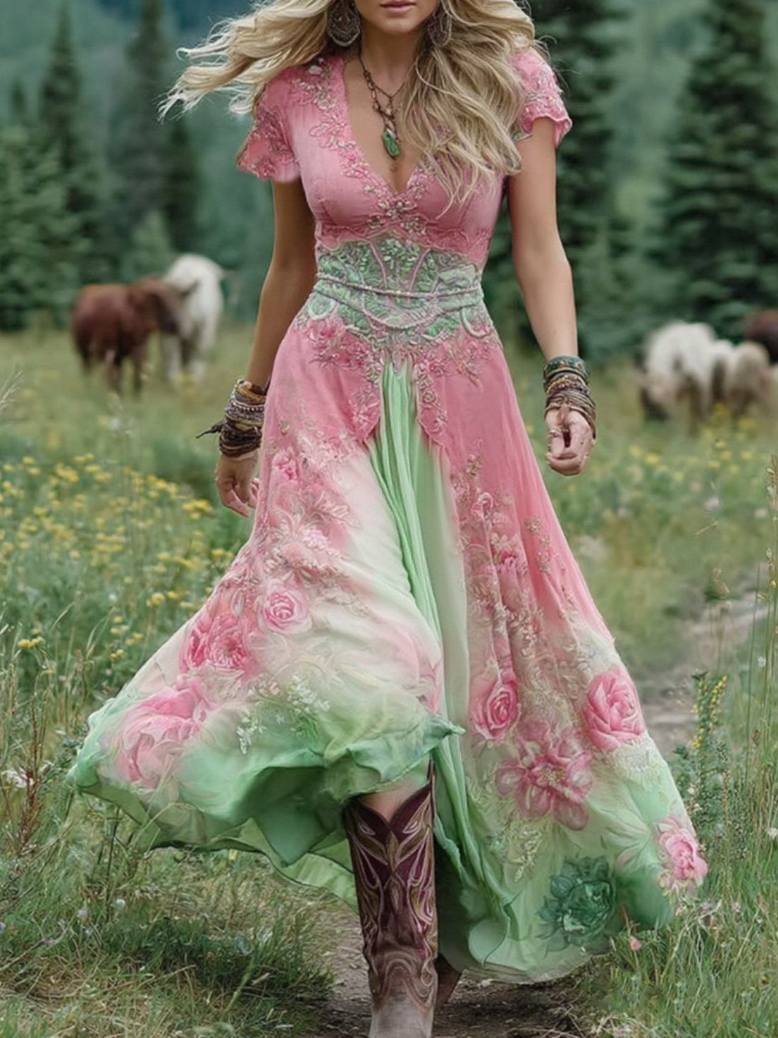 Bohemian style floral embroidered chiffon maxi dress👗