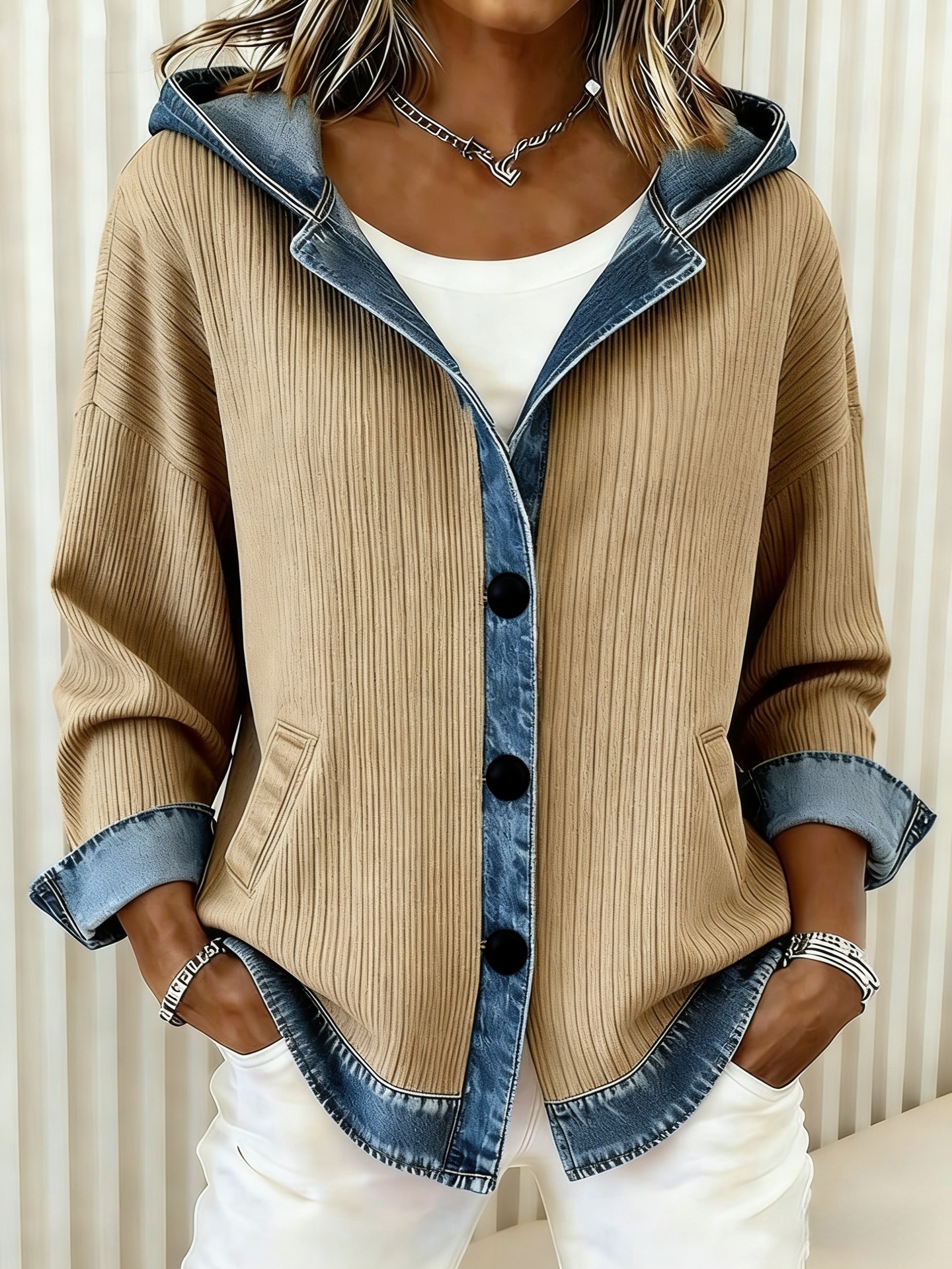 Clearance Sale 🔥 Women's Vintage Waffle Knit and Denim Patchwork Hooded Cardigan