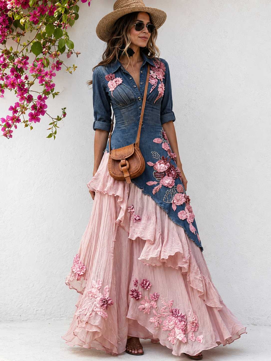 Women's Elegant Flowers Embroidery Irregular Ruffle Linen Patchwork Dress