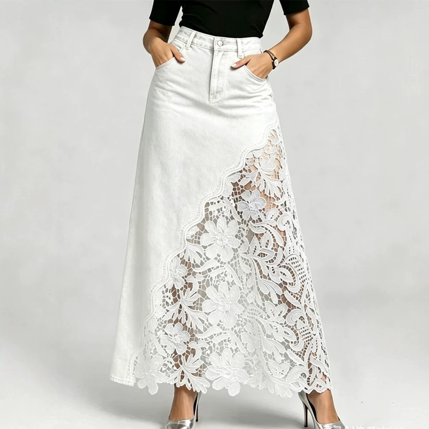 Stylish & Sexy Lace-paneled Cutout Denim Skirtv