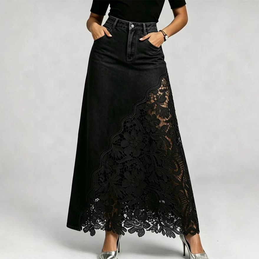 Stylish & Sexy Lace-paneled Cutout Denim Skirtv