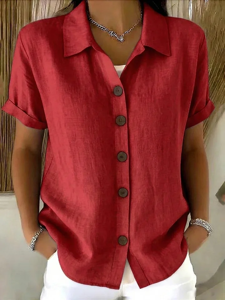 Women Plain Shirt Collar Short Sleeve Shirt Casual Daily Summer Top