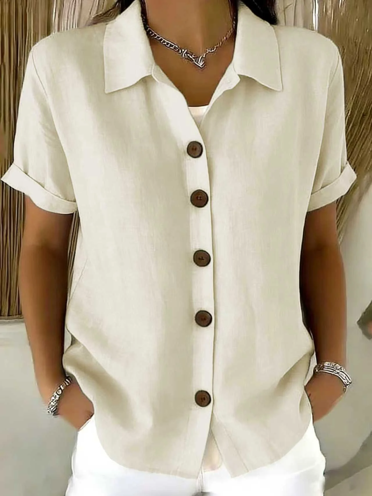 Women Plain Shirt Collar Short Sleeve Shirt Casual Daily Summer Top