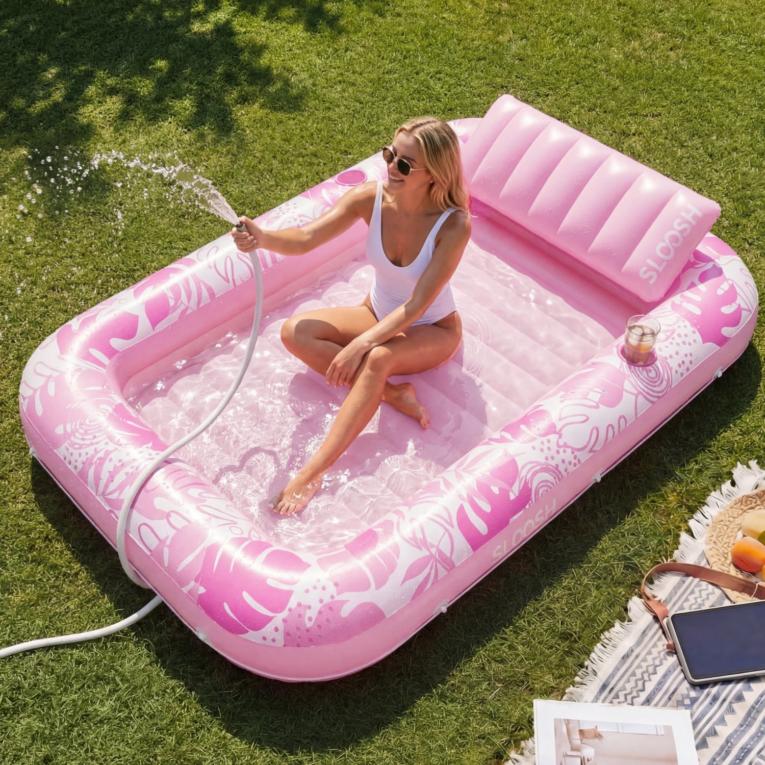 SLOOSH Inflatable Tanning Pool Lounger Float, Pink-XL, 85" x 57"