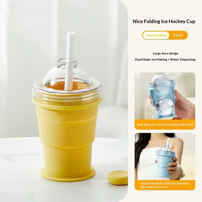 Ice-making and water-drinking 2-in-1 ice hockey mold folding water cup