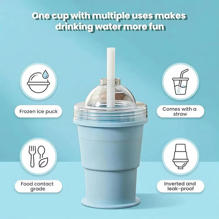 Ice-making and water-drinking 2-in-1 ice hockey mold folding water cup