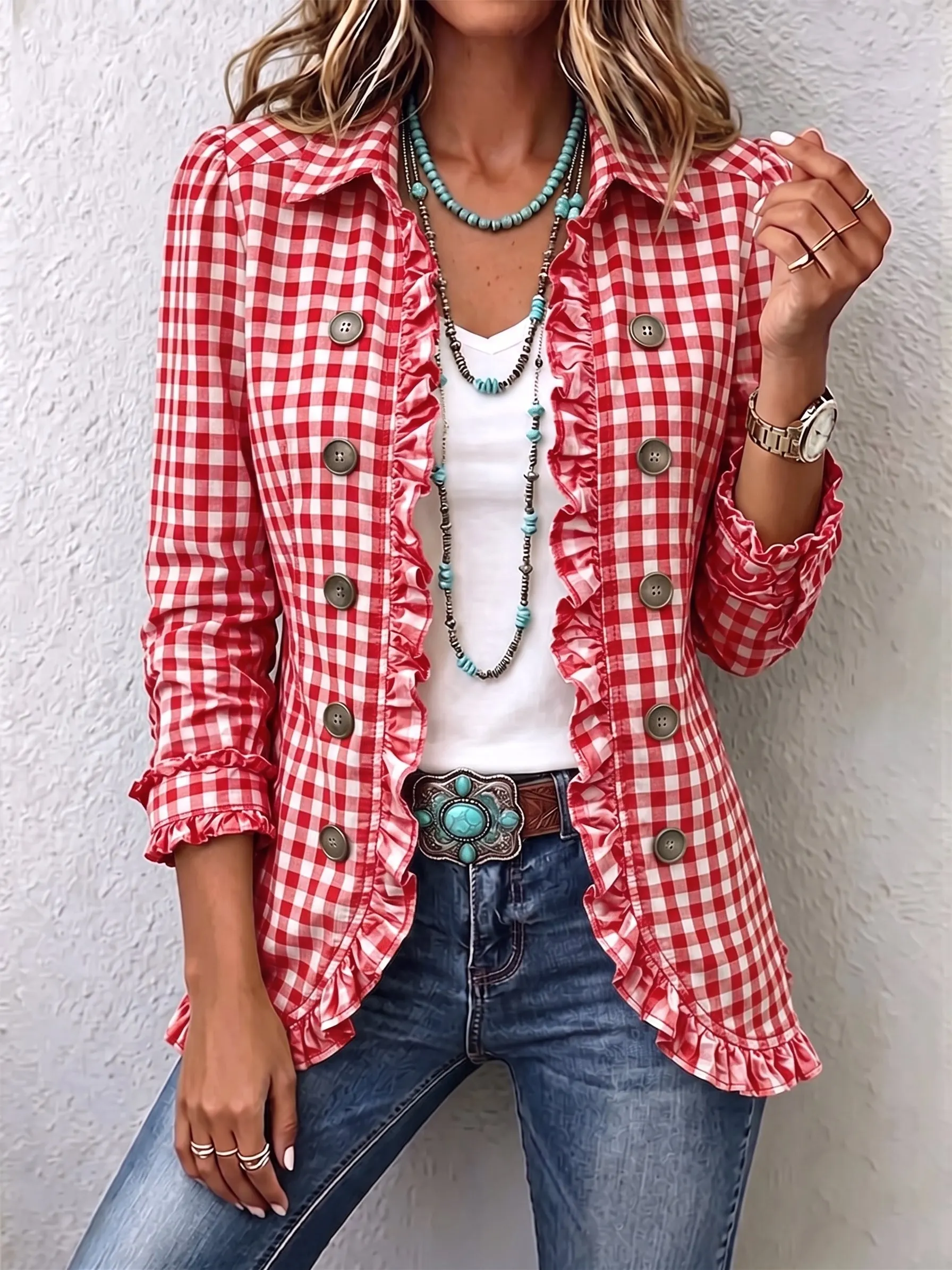 🤲 Last day—save 50% instantly ⏰ Stylish plaid button-front jacket with ruffle details