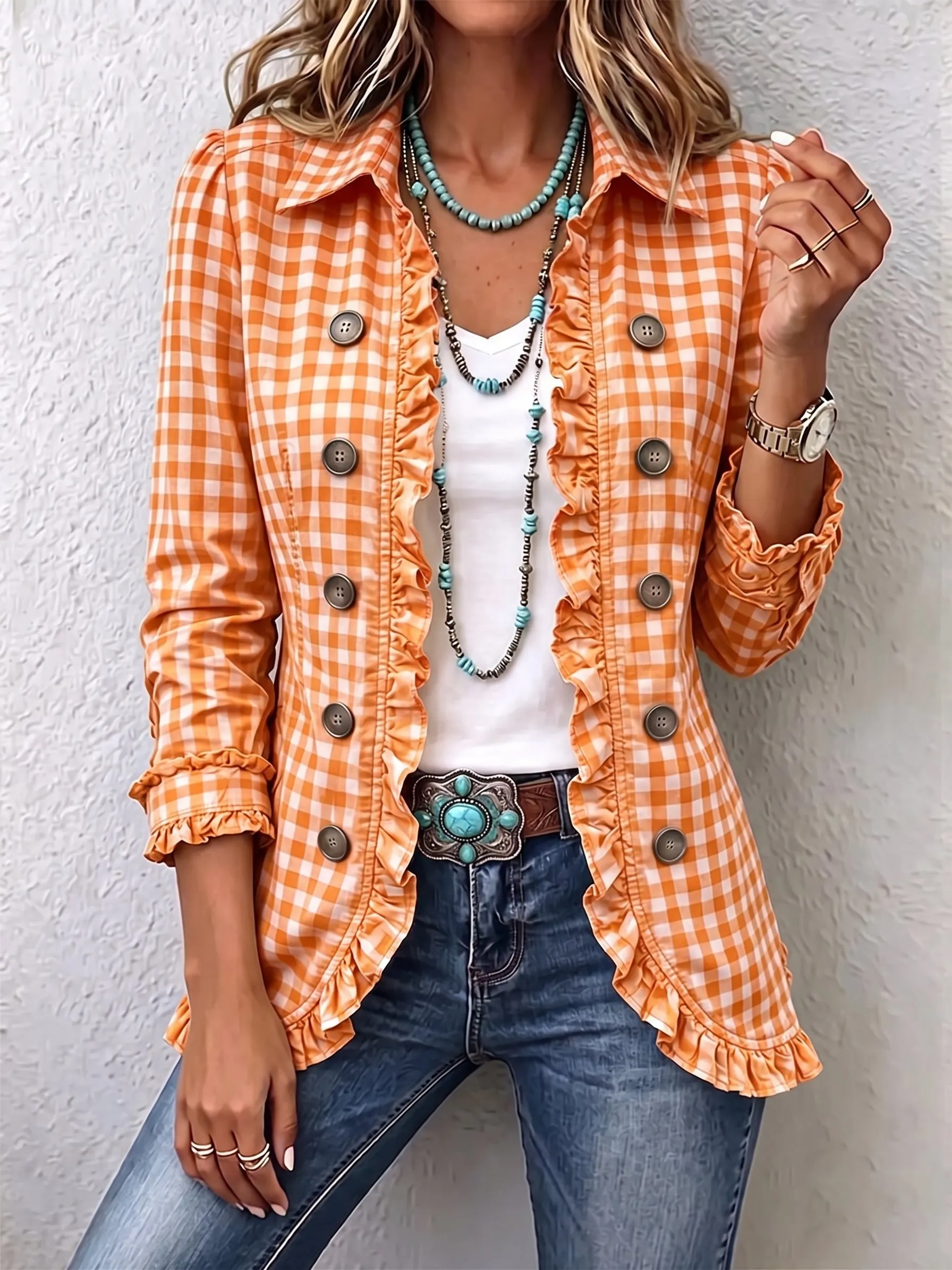 🤲 Last day—save 50% instantly ⏰ Stylish plaid button-front jacket with ruffle details