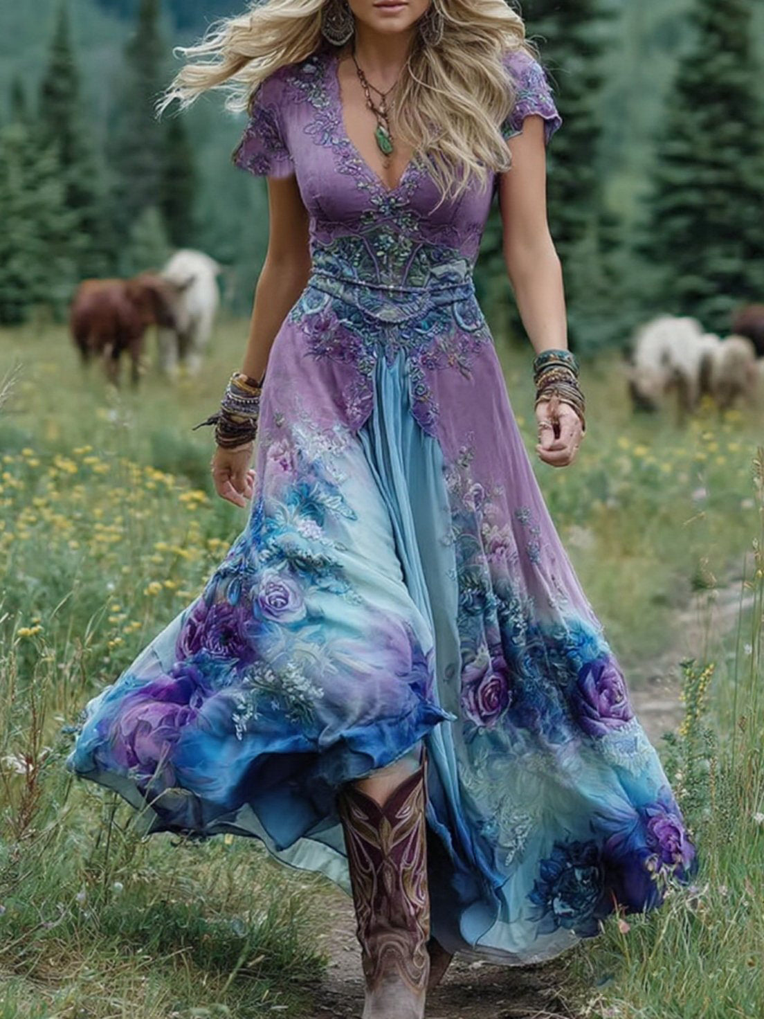 Bohemian style floral embroidered chiffon maxi dress👗