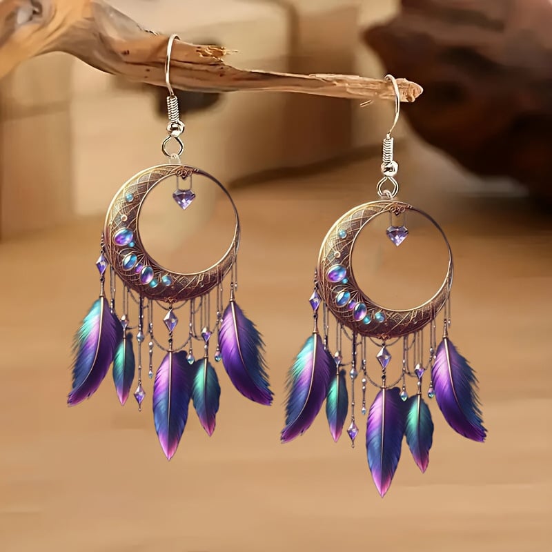 🌙 Boho Dreamcatcher Feather Earrings