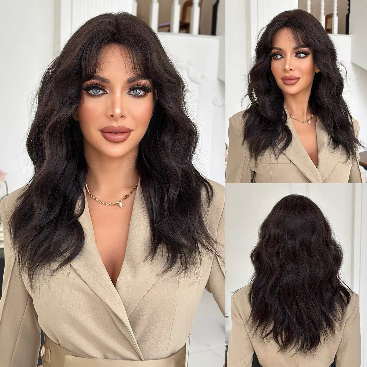 Dark brown natural fluffy rose mesh women's wig