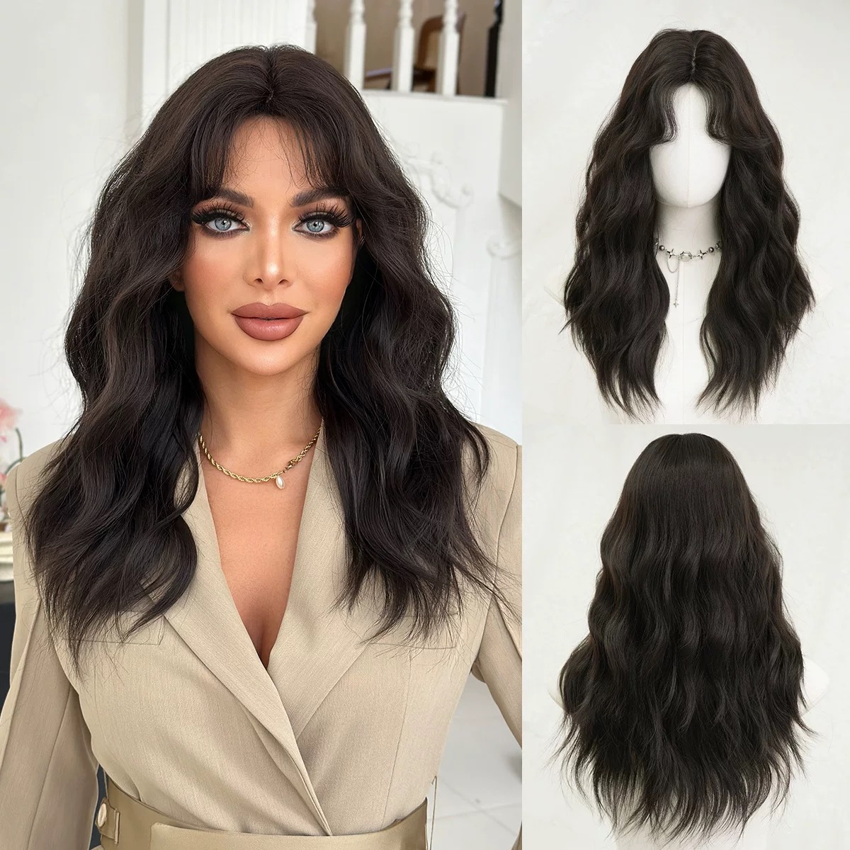 Dark brown natural fluffy rose mesh women's wig