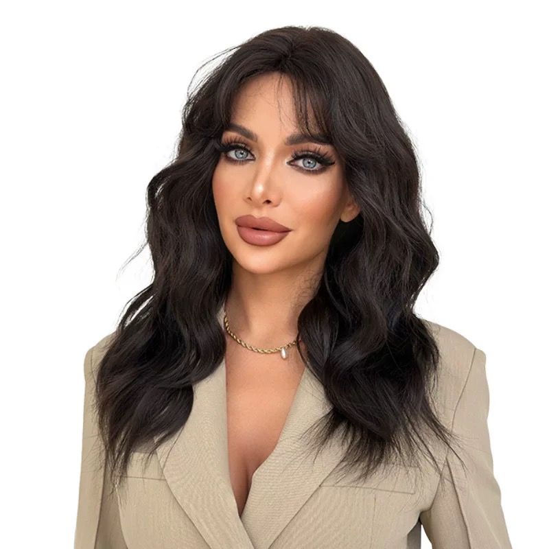 Dark brown natural fluffy rose mesh women's wig