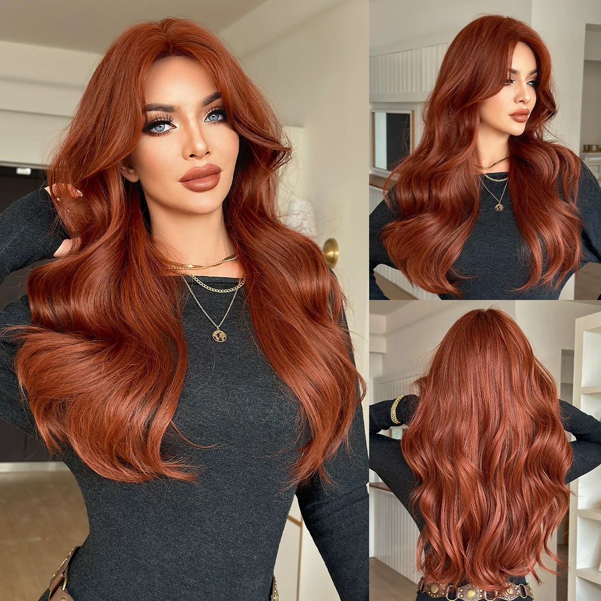 Women's orange-red wavy full-head wig