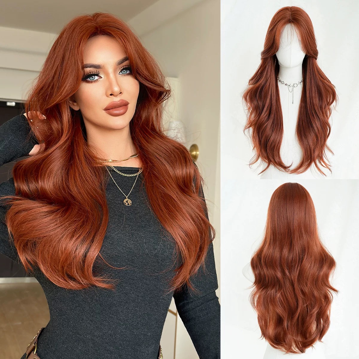 Women's orange-red wavy full-head wig