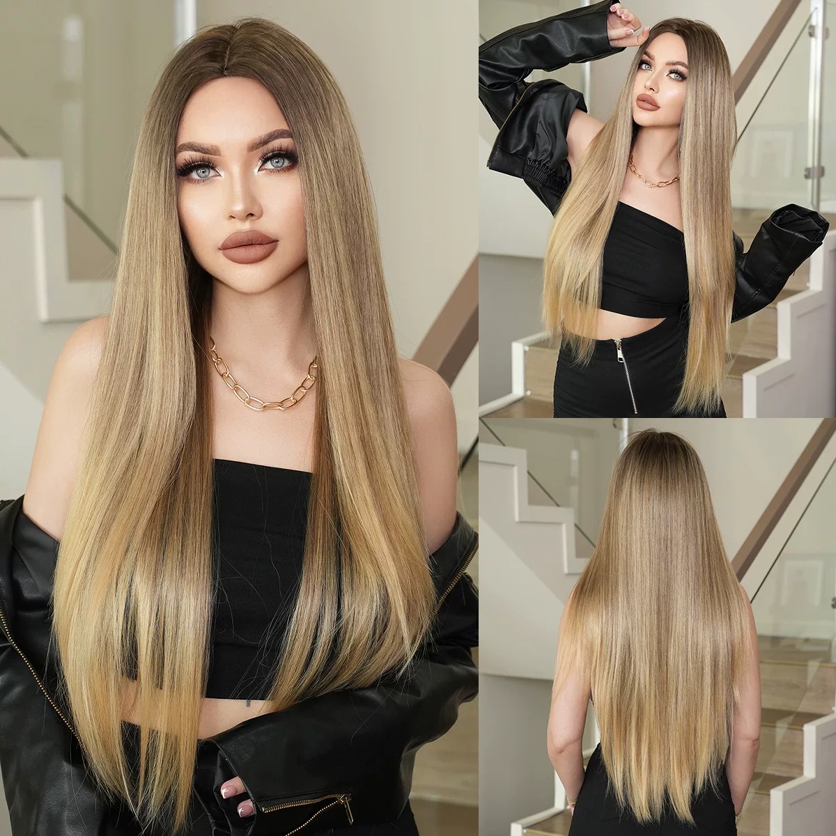 Women's extra long straight blonde gradient wig