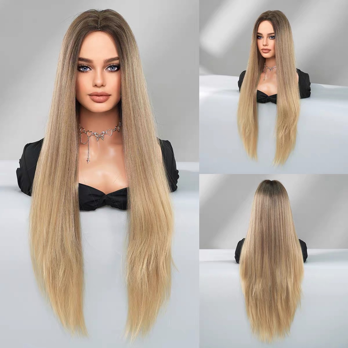 Women's extra long straight blonde gradient wig