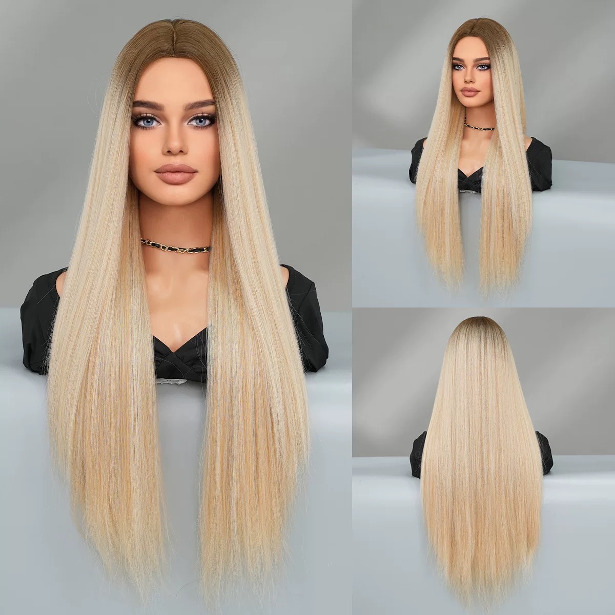 Women's extra long straight blonde gradient wig