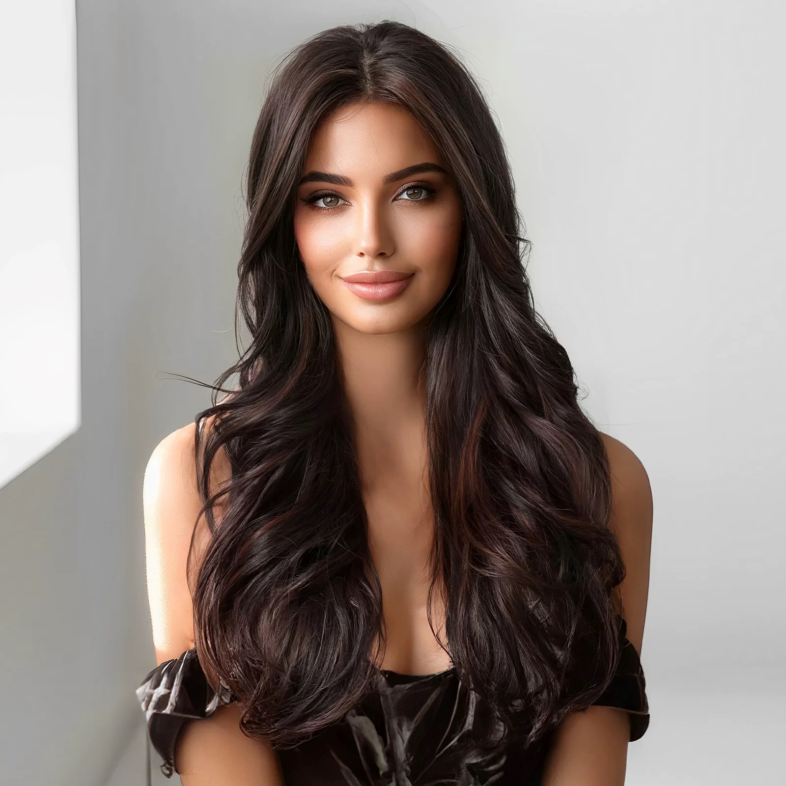 Women's long, wavy hair with highlights in black and brown