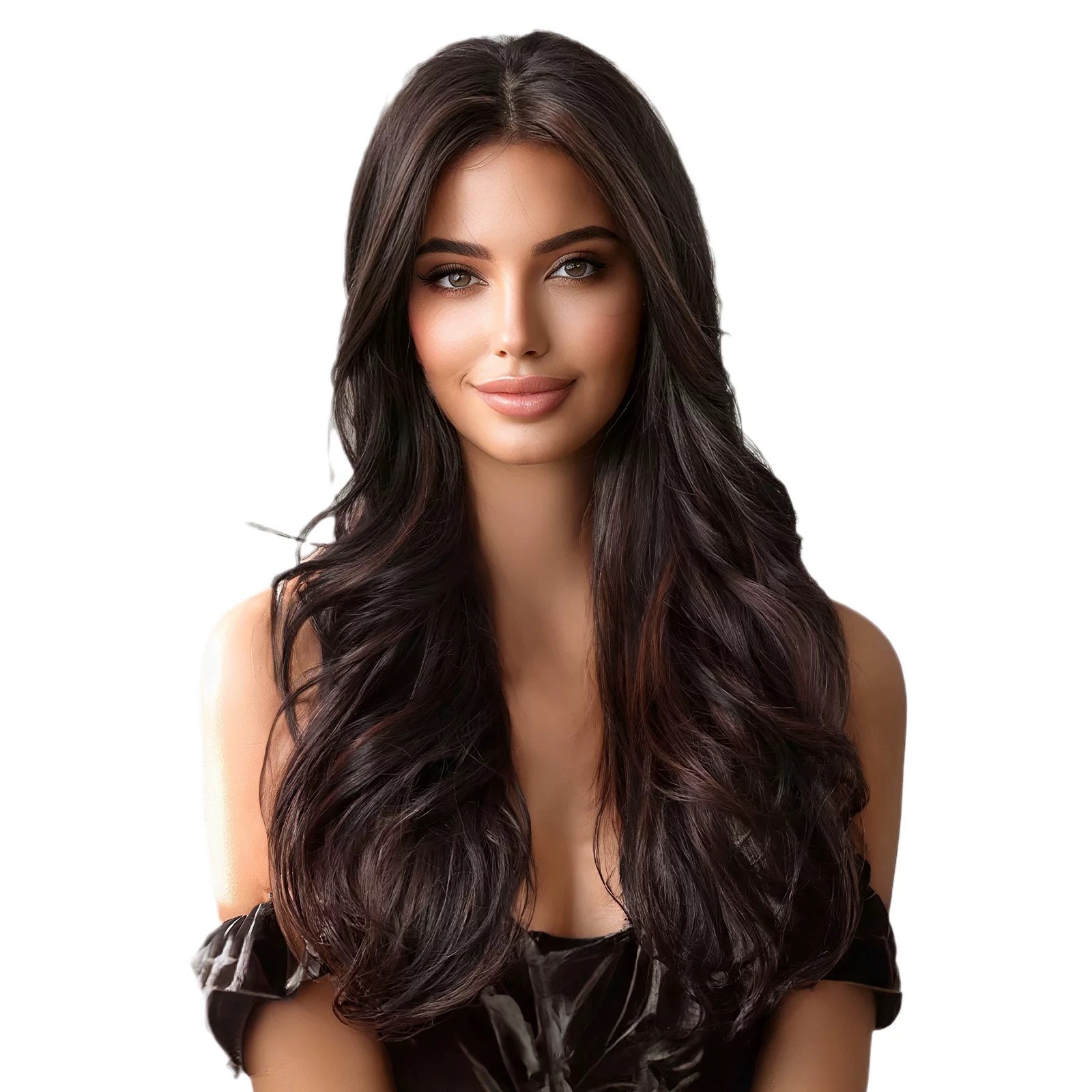 Women's long, wavy hair with highlights in black and brown
