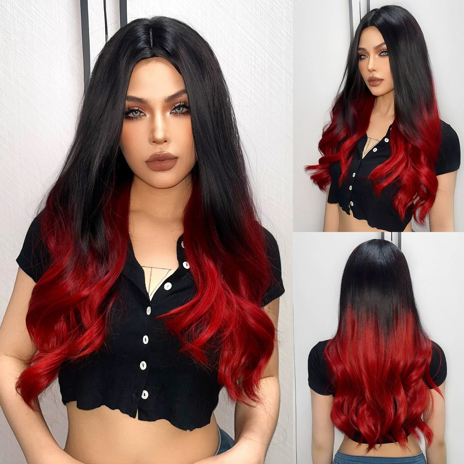 Women's long, wavy hair with highlights in black and brown