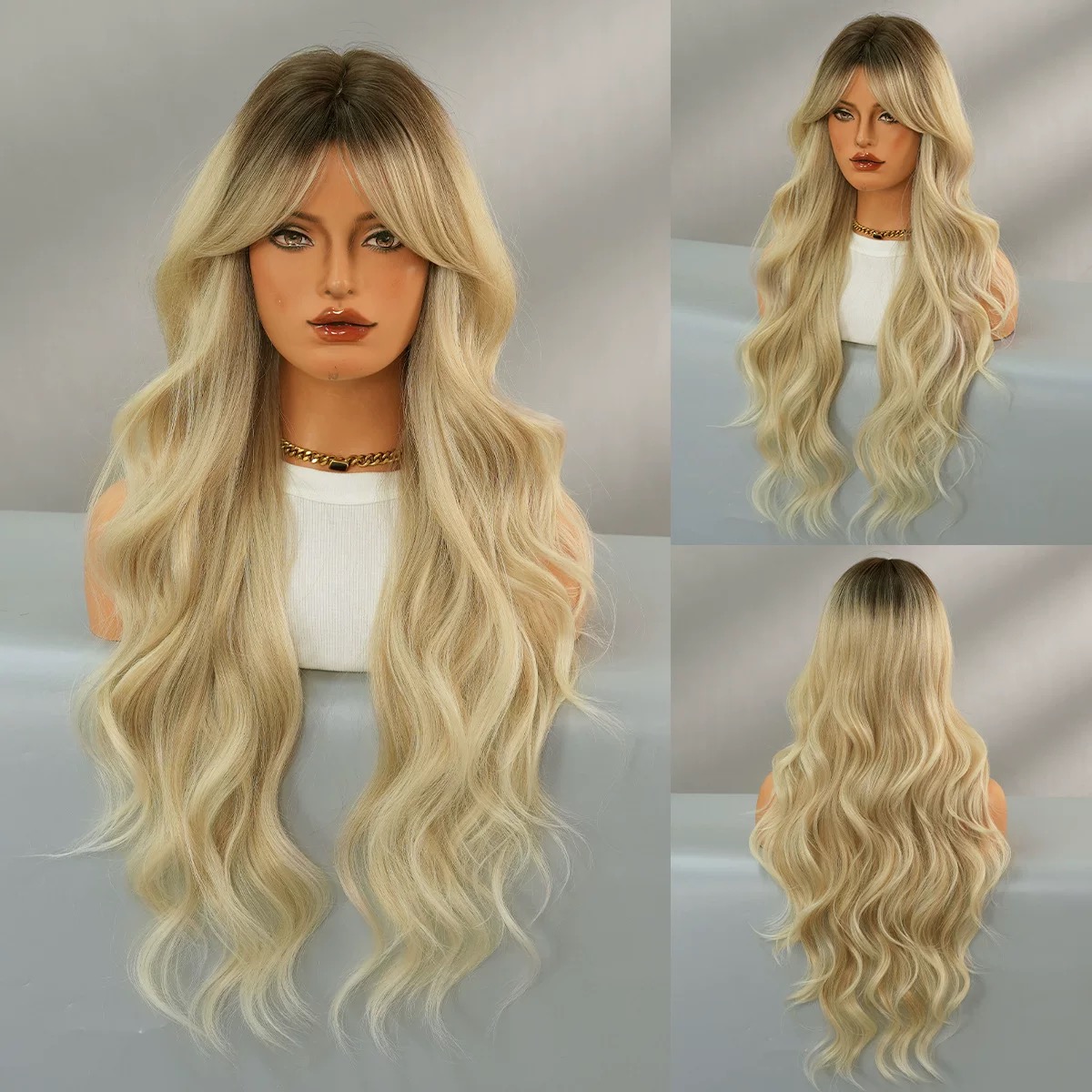 Women's long, golden, wavy hair with a natural center part