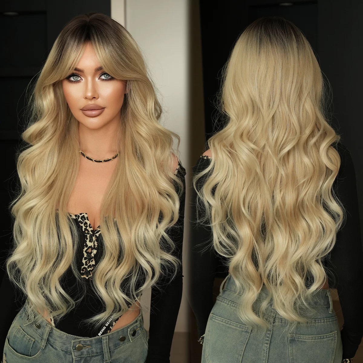 Women's long, golden, wavy hair with a natural center part