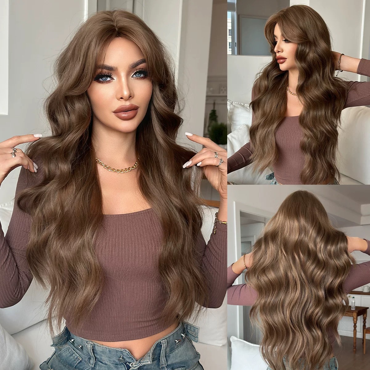 Women's long straight brown highlighted wig