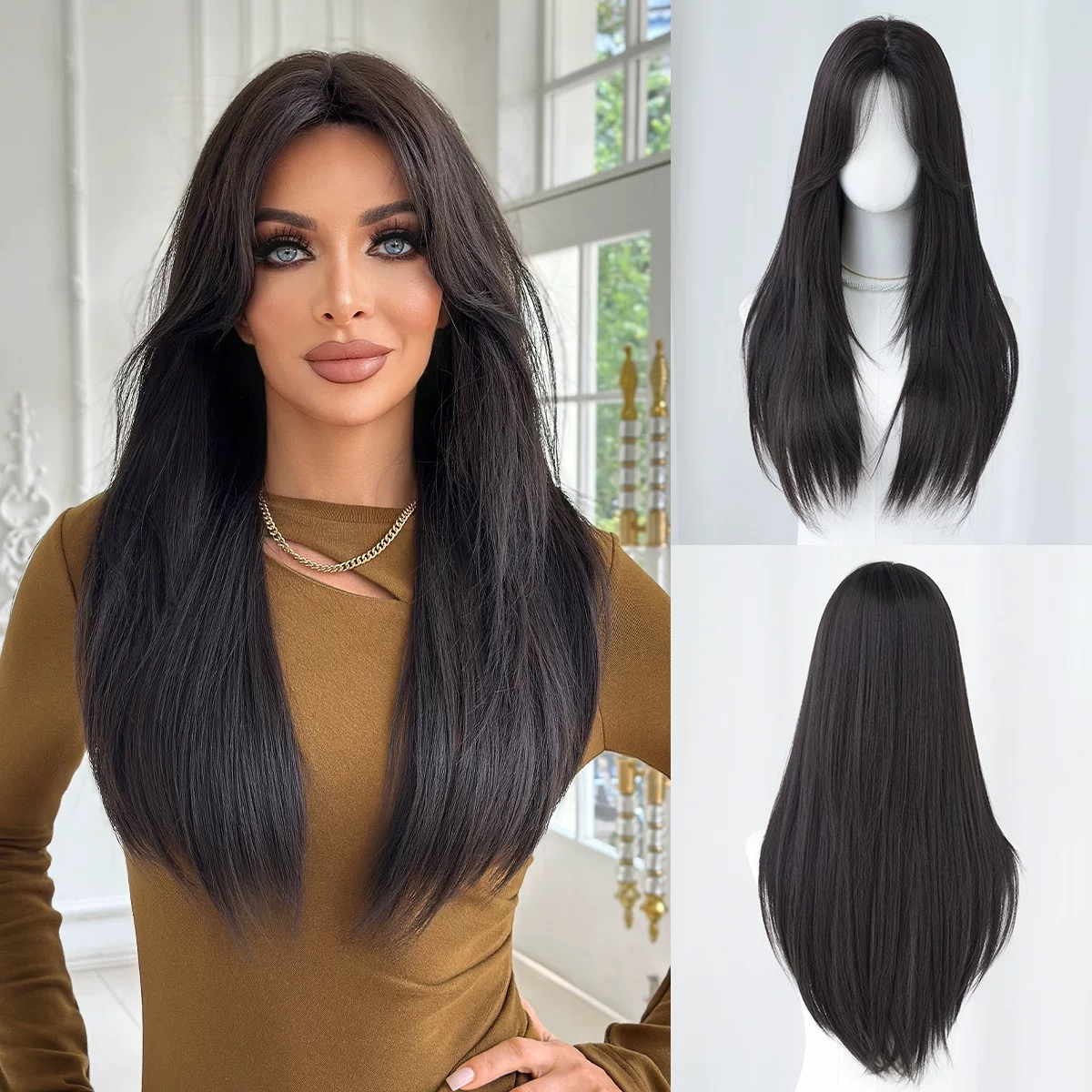 Women's long, dark brown wavy hair with bangs