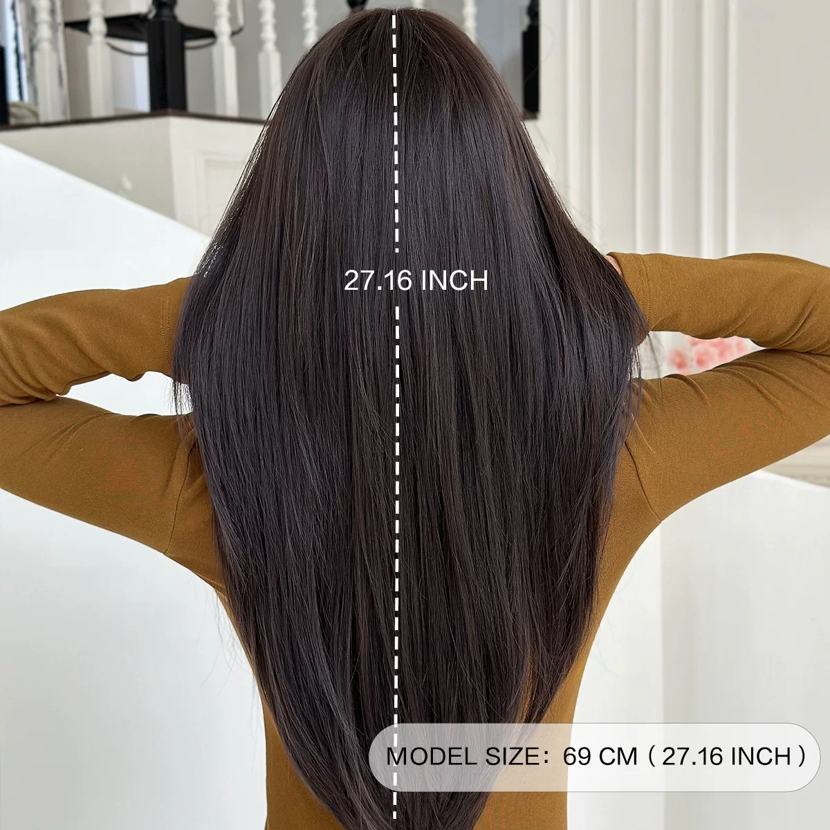 Women's long, dark brown wavy hair with bangs