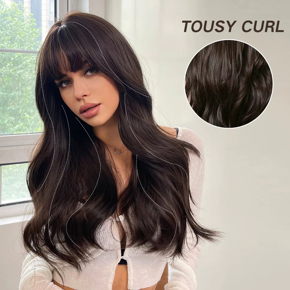Women's long black straight hair with bangs