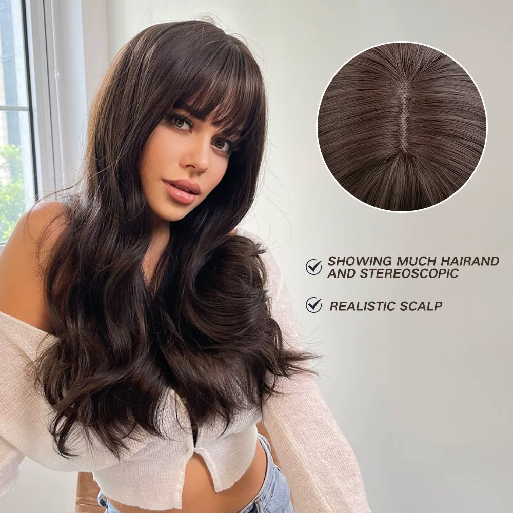 Women's long black straight hair with bangs