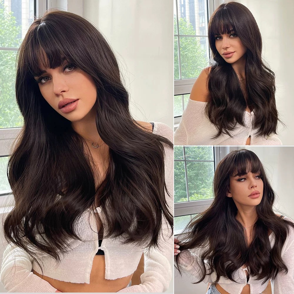 Women's long black straight hair with bangs